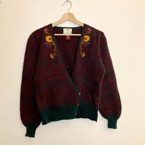 Fun VINTAGE Susan Bristol Hand-Embroidered Wool Cardigan in Red and Green